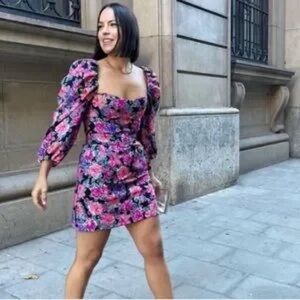 Zara | Floral Puffy Sleeve Mini Dress with belt Size small